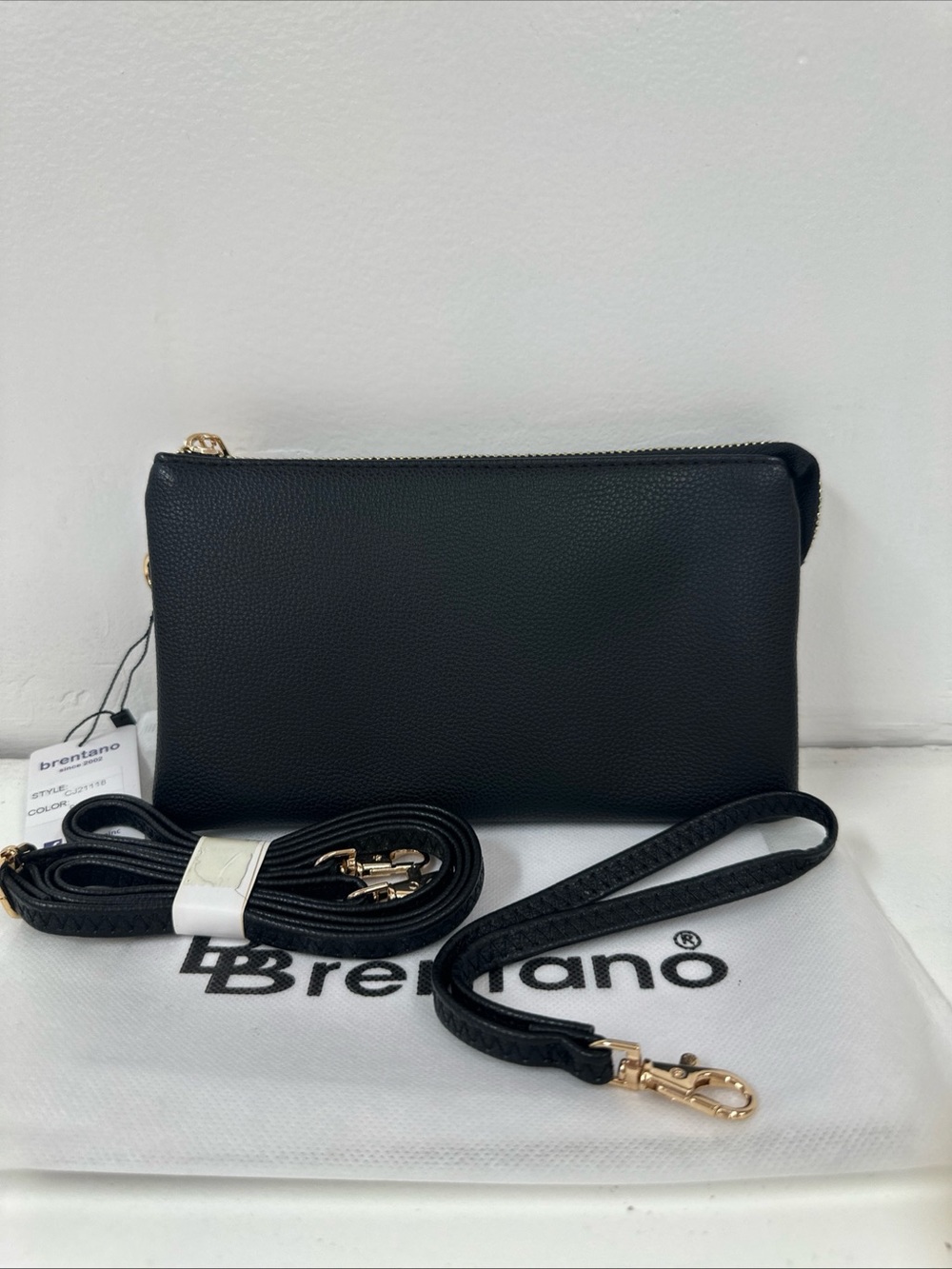 Brentano Black Large Clutch/Pouch Inner/Outer Pockets Lined Gold Zip Dust Bag